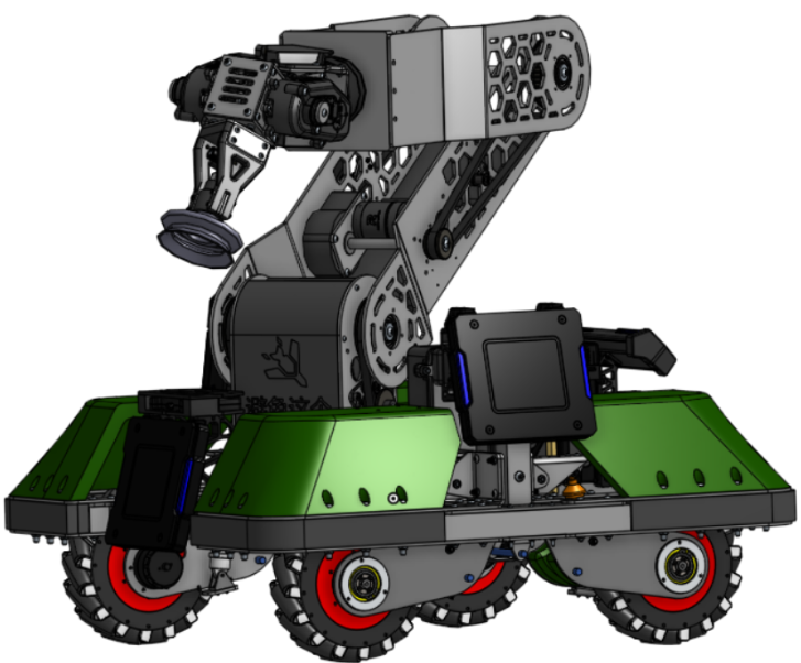 Texas Aimbots Engineer robot CAD assembly with articulated arm, green modular bumpers, and mecanum wheels