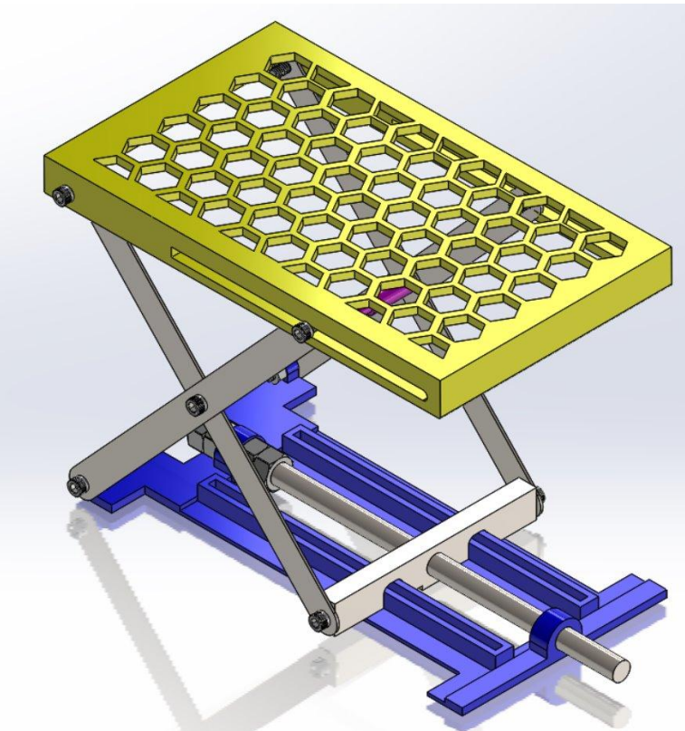 Scissor lift CAD assembly with a honeycomb platform, crossed linkages, and lead-screw actuation