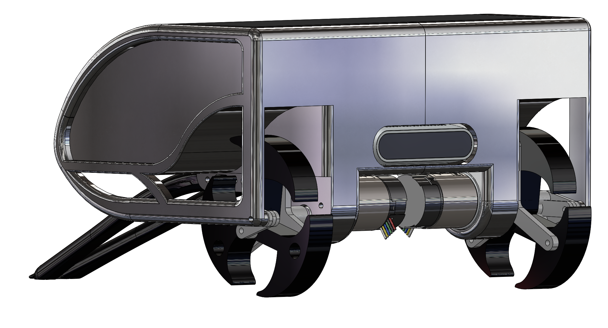 Rollegs robot CAD assembly with curved body, motor housings, and rolling-leg mechanisms